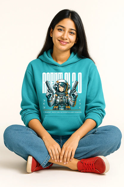 Person wearing a teal hoodie with an astronaut graphic on a white background