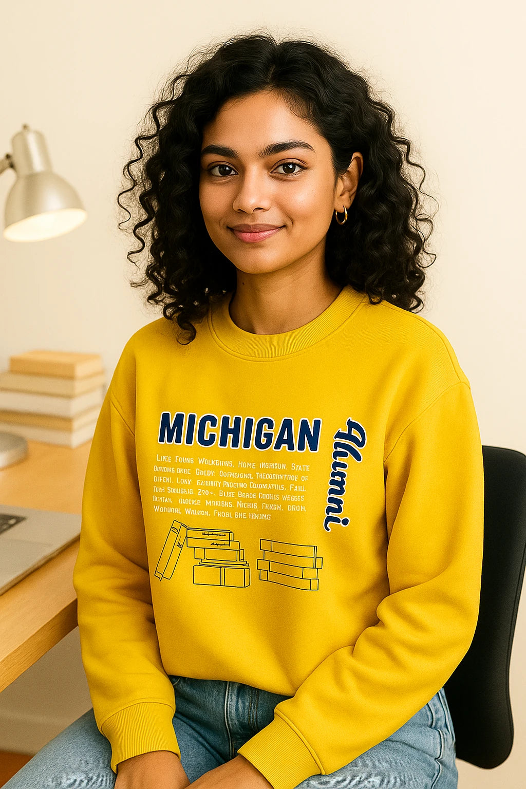 Person wearing a yellow sweatshirt with 'Michigan' printed on it, sitting in an office chair.