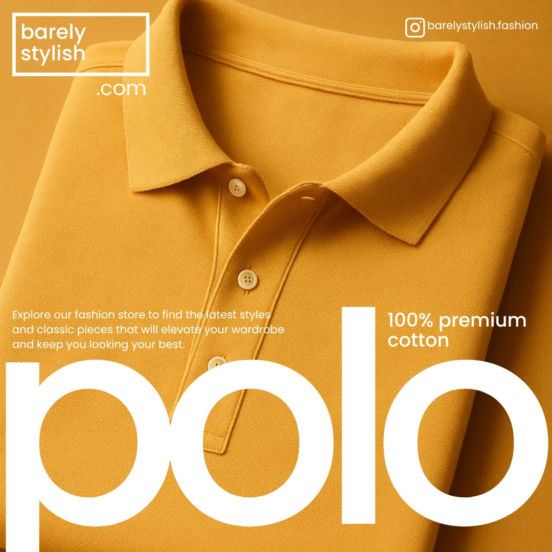 Yellow polo shirt with 'barely stylish' branding and text about 100% premium cotton.