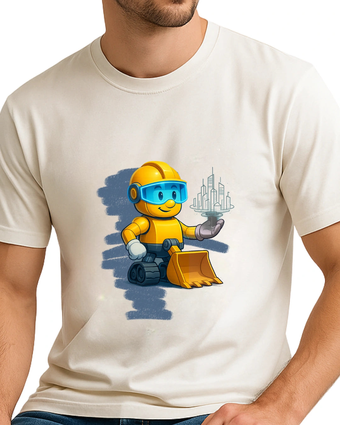White t-shirt with a cartoon character in construction gear holding a cityscape on a white background