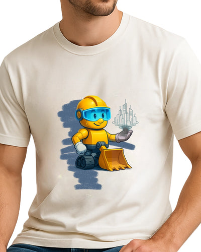 White t-shirt with a cartoon character in construction gear holding a cityscape on a white background