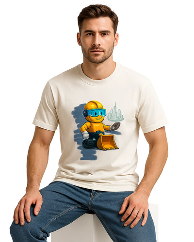 Man wearing a white t-shirt with a cartoon character design on a white background