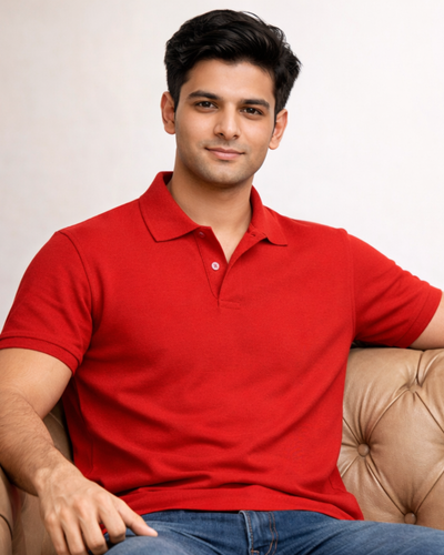 BarelyStylish Flame Red Cotton Polo for Men