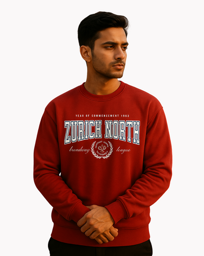 Man wearing a red 'Zurich North' sweatshirt