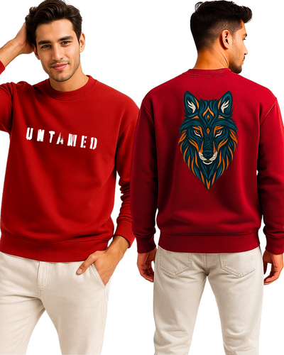 Red sweatshirt for Men with 'UNTAMED' text on front and wolf design on back