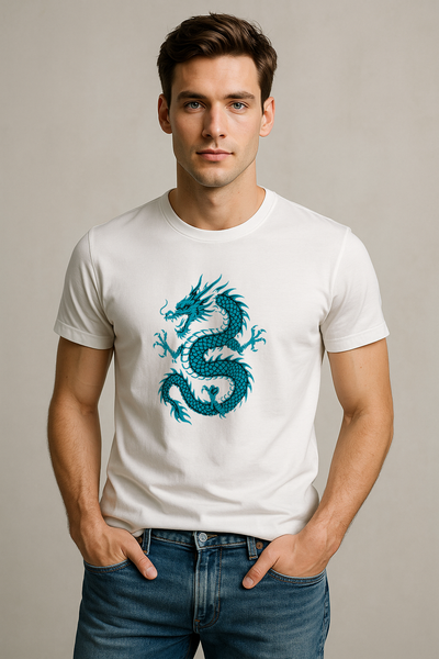 Man wearing a white t-shirt with a blue dragon design.