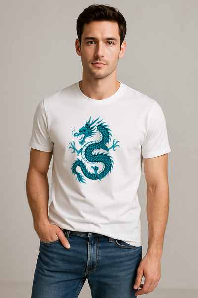 Man wearing a white t-shirt with a blue dragon design on a plain background