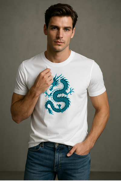 Man wearing a white t-shirt with a blue dragon design on a gray background