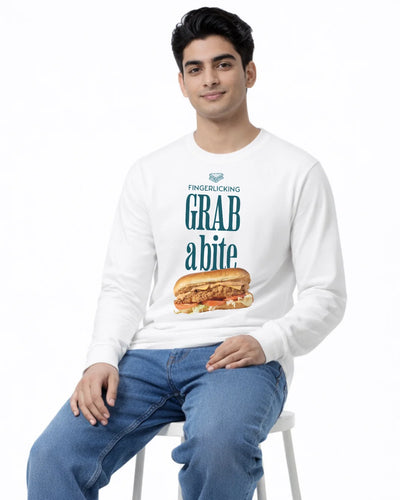 College Wear BarelyStylish White Full Sleeve Cotton TShirt with Design Grab a Bite