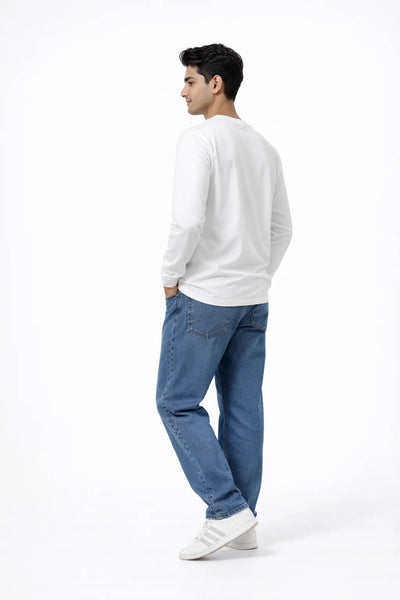 BarelyStylish White Full Sleeve Cotton TShirt with Design Grab a Bite, back profile
