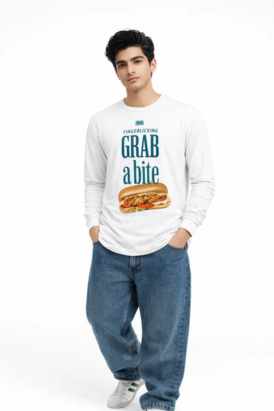 BarelyStylish White Full Sleeve Cotton TShirt for Men with Design Grab a Bite