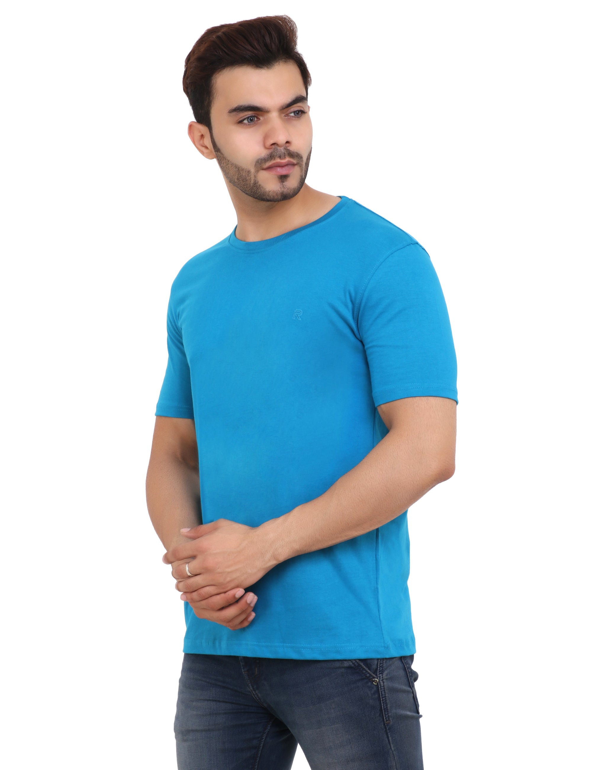Light blue crew neck cotton blend T-Shirt