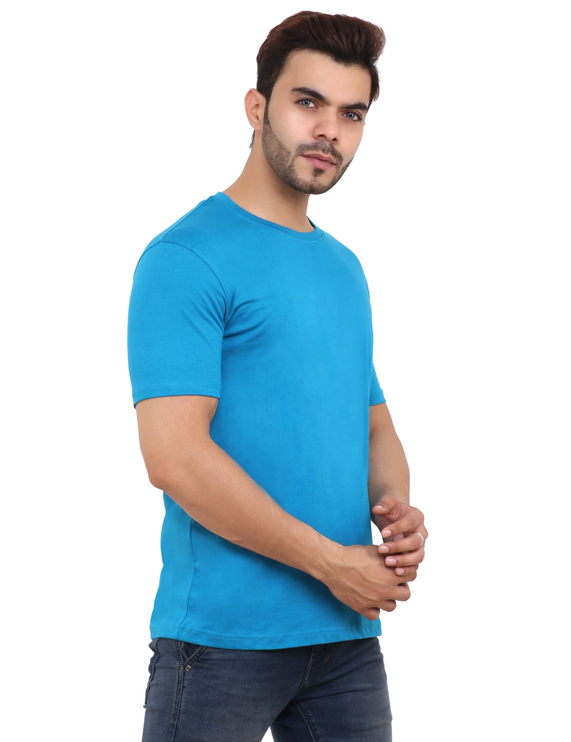 Light blue crew neck cotton blend T-Shirt
