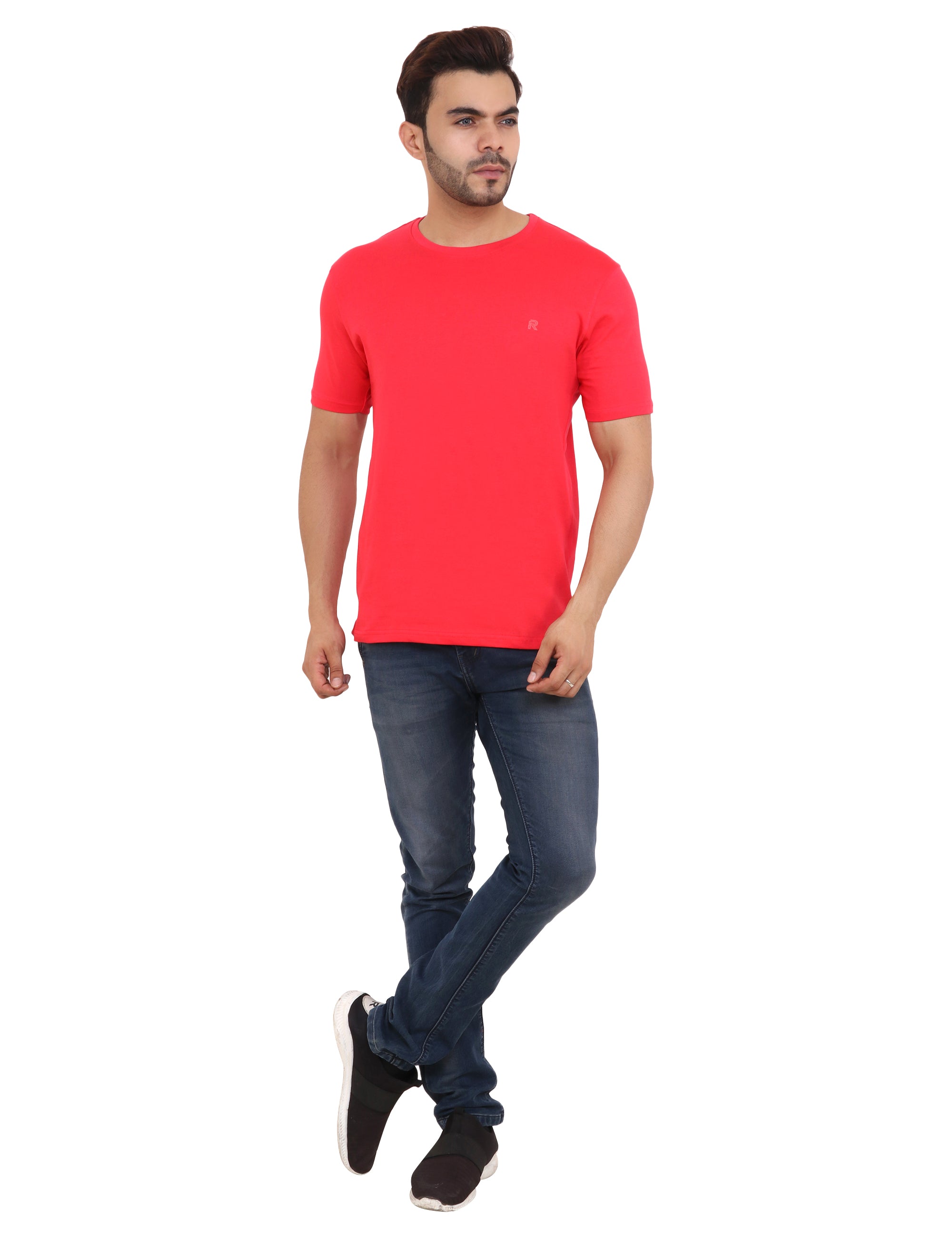 Flame Red Crew Neck Cotton Blend T-Shirt