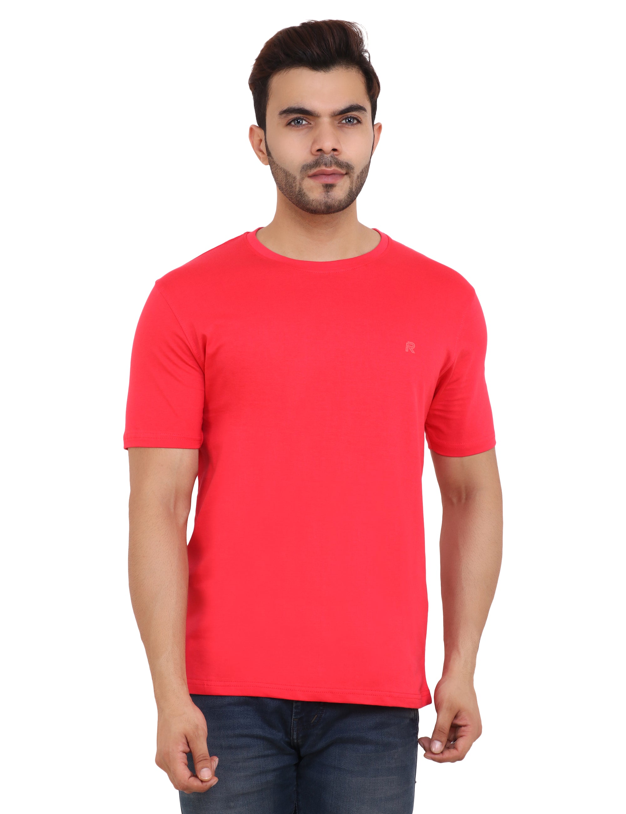 Flame Red Crew Neck Cotton Blend T-Shirt