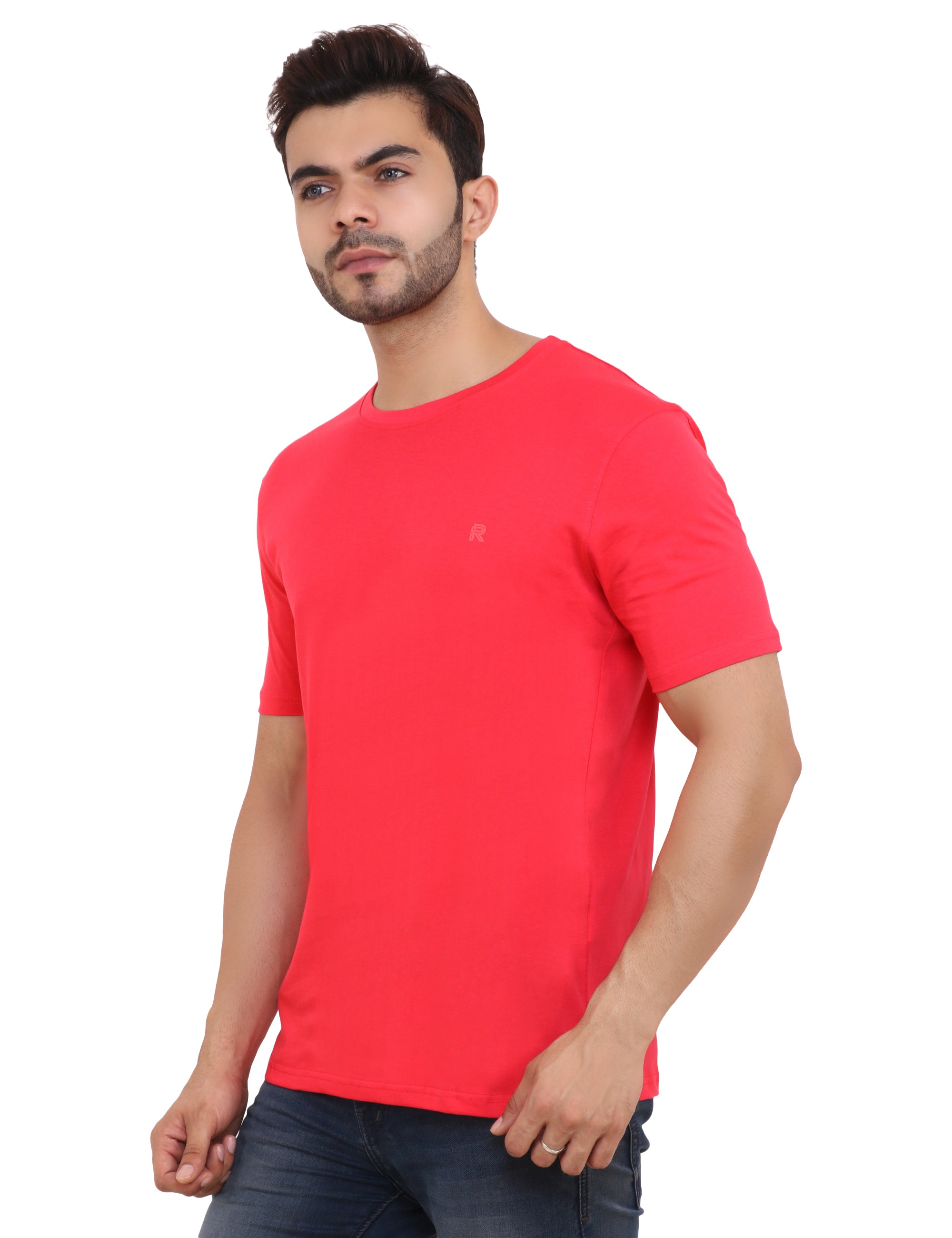 Flame Red Crew Neck Cotton Blend T-Shirt