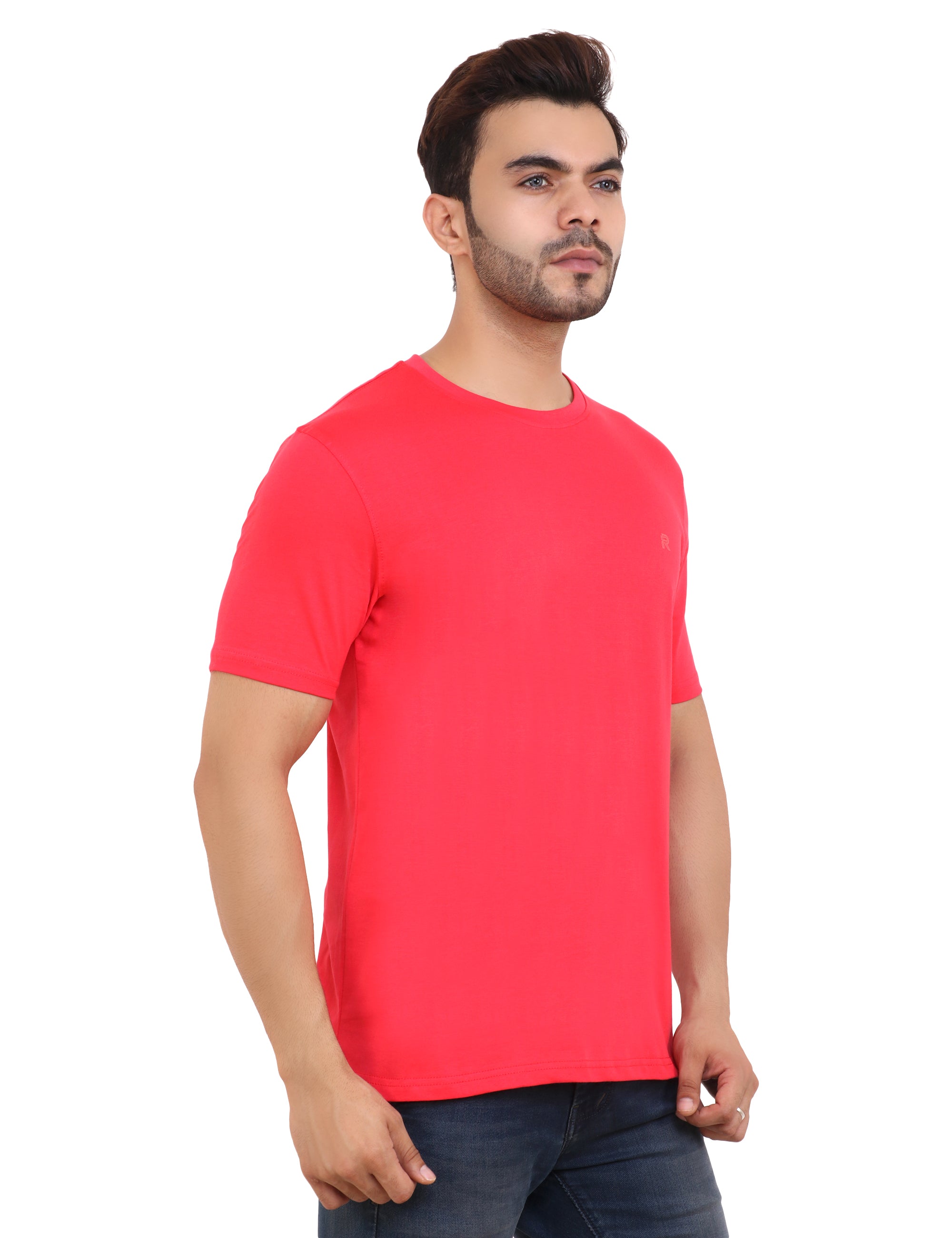 Flame Red Crew Neck Cotton Blend T-Shirt