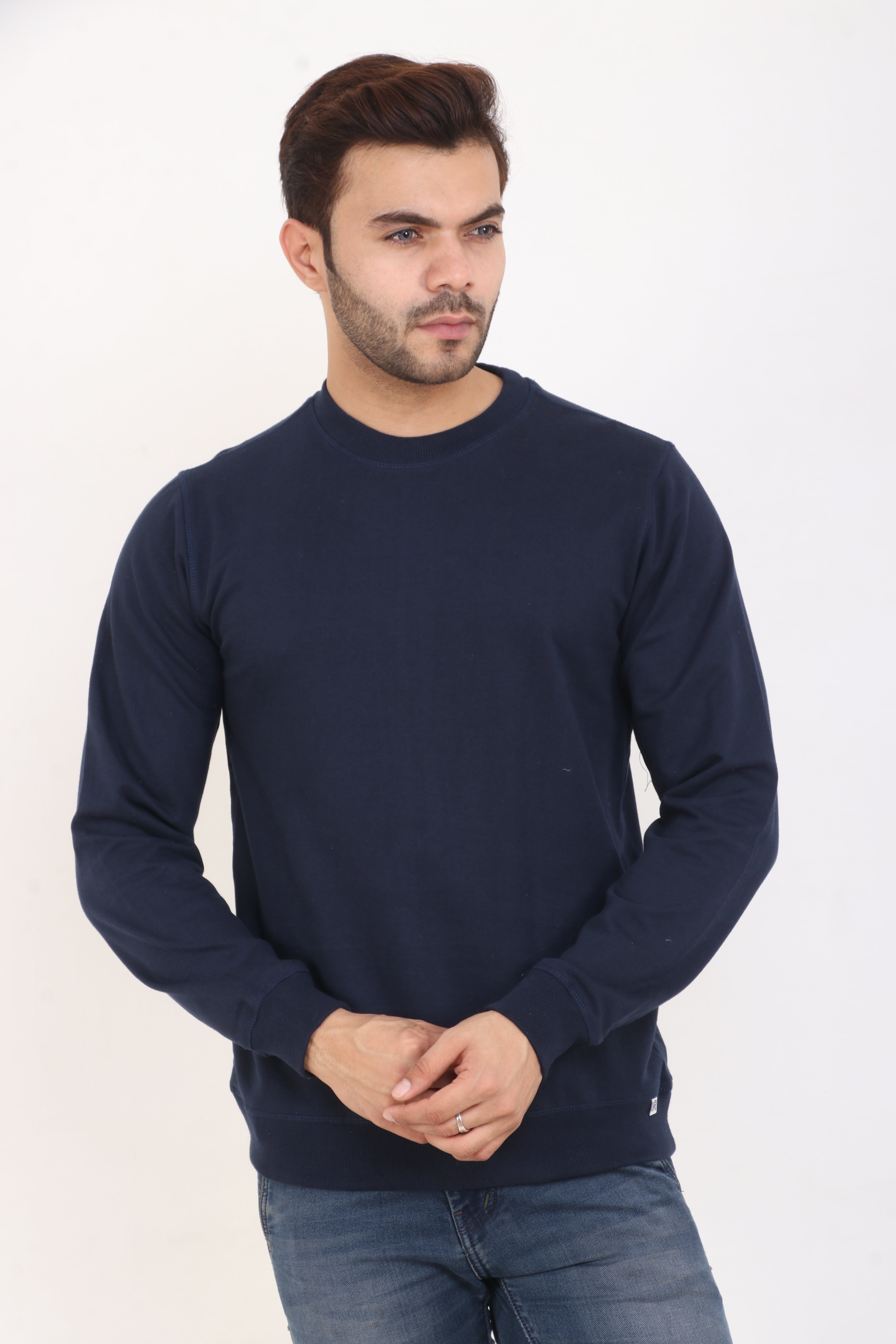 Navy Blue Cotton Blend Full Sleeve Sweatshirt