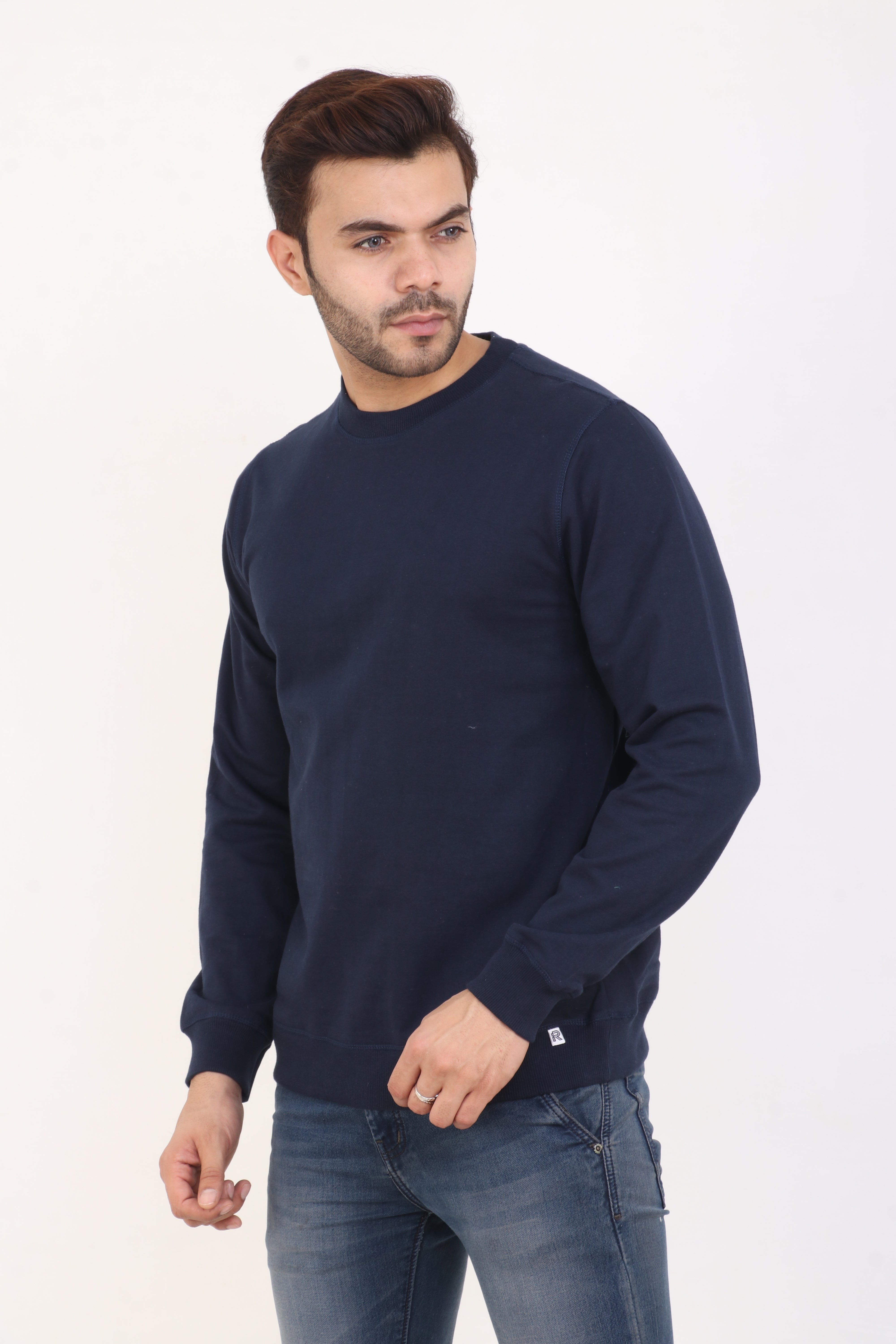Navy Blue Cotton Blend Full Sleeve Sweatshirt