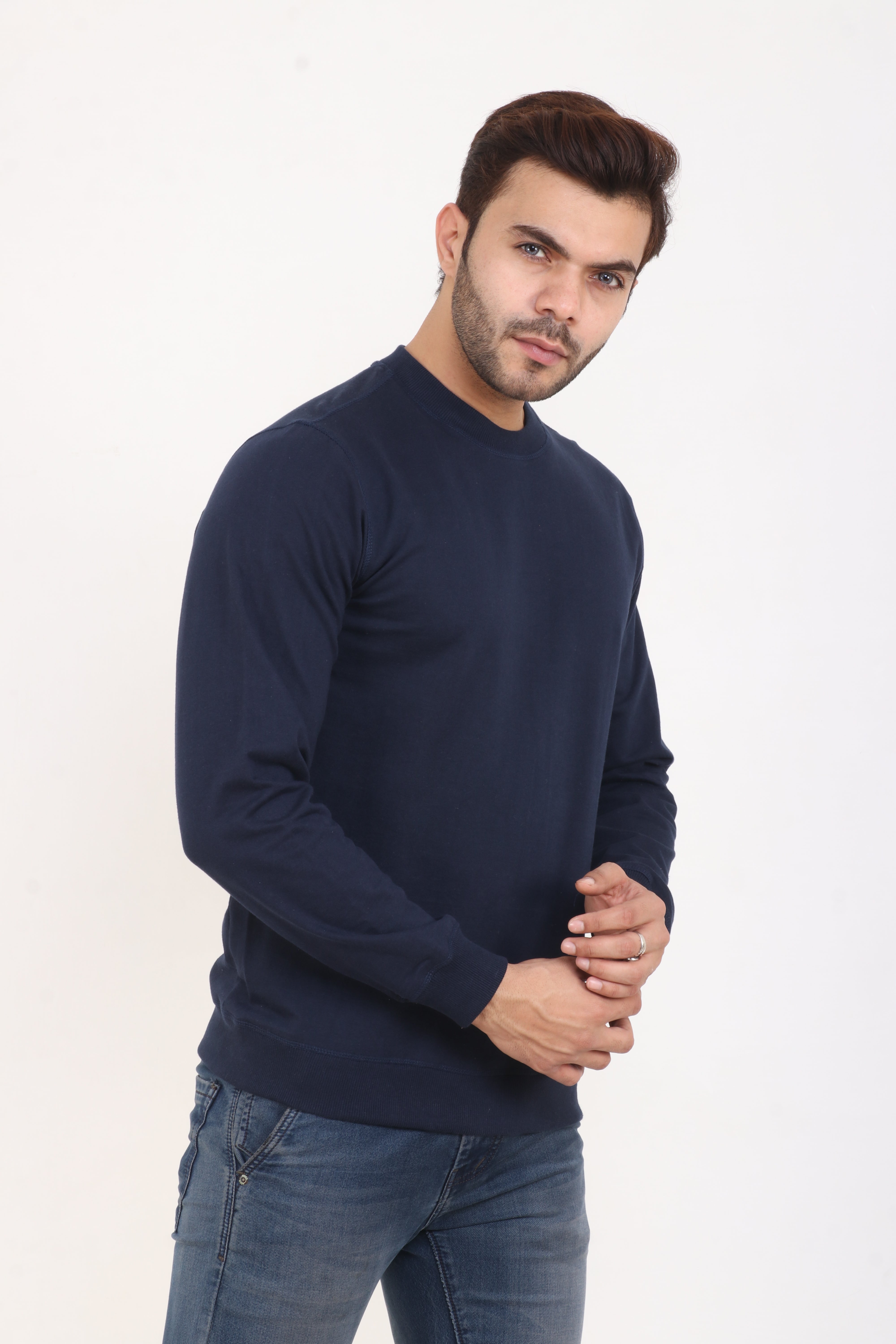Navy Blue Cotton Blend Full Sleeve Sweatshirt
