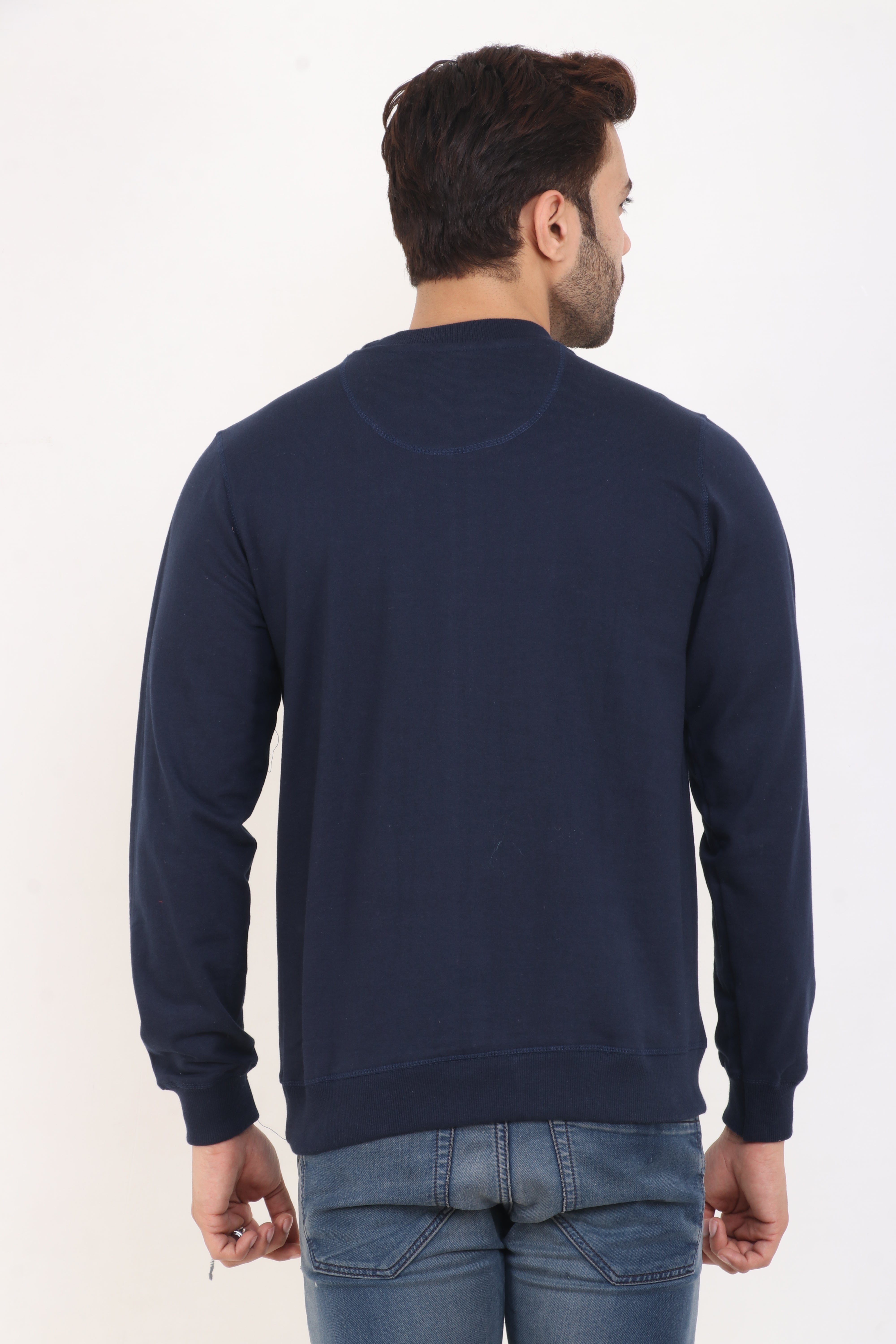 Navy Blue Cotton Blend Full Sleeve Sweatshirt
