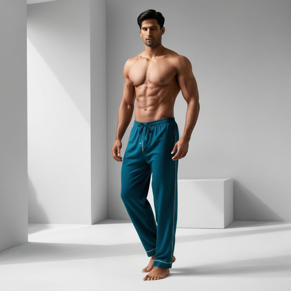 BarelyStylish Men's Dark Teal Blue Cotton Pyjamas for Daily Home Wear | Comfort Fit Loungewear with Pockets