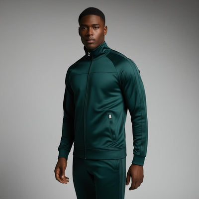 A man wearing a dark green, lightweight, athletic fabric BarelyStylish tracksuit with a zippered jacket and pants. 