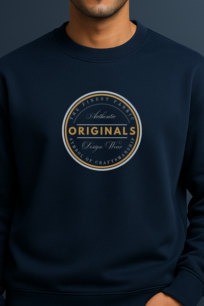 Navy blue sweatshirt with 'Originals' logo on a dark background