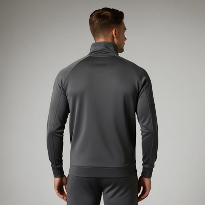 Back View of A male model wearing a dark grey tracksuit with a full zipper and standing collar.
