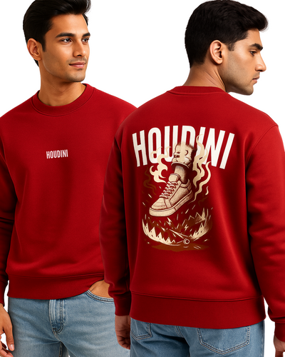 Red sweatshirt for Men with 'Houdini' branding on front and back design