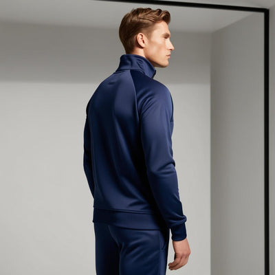 Side View of A navy blue tracksuit.